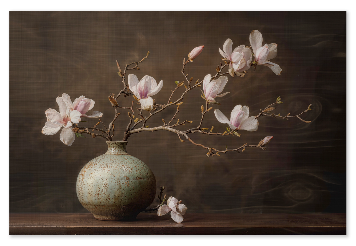 Hout Bloemen 18: zachtroze magnoliabloesems in een ronde groene vaas tegen een donkerbruine achtergrond.