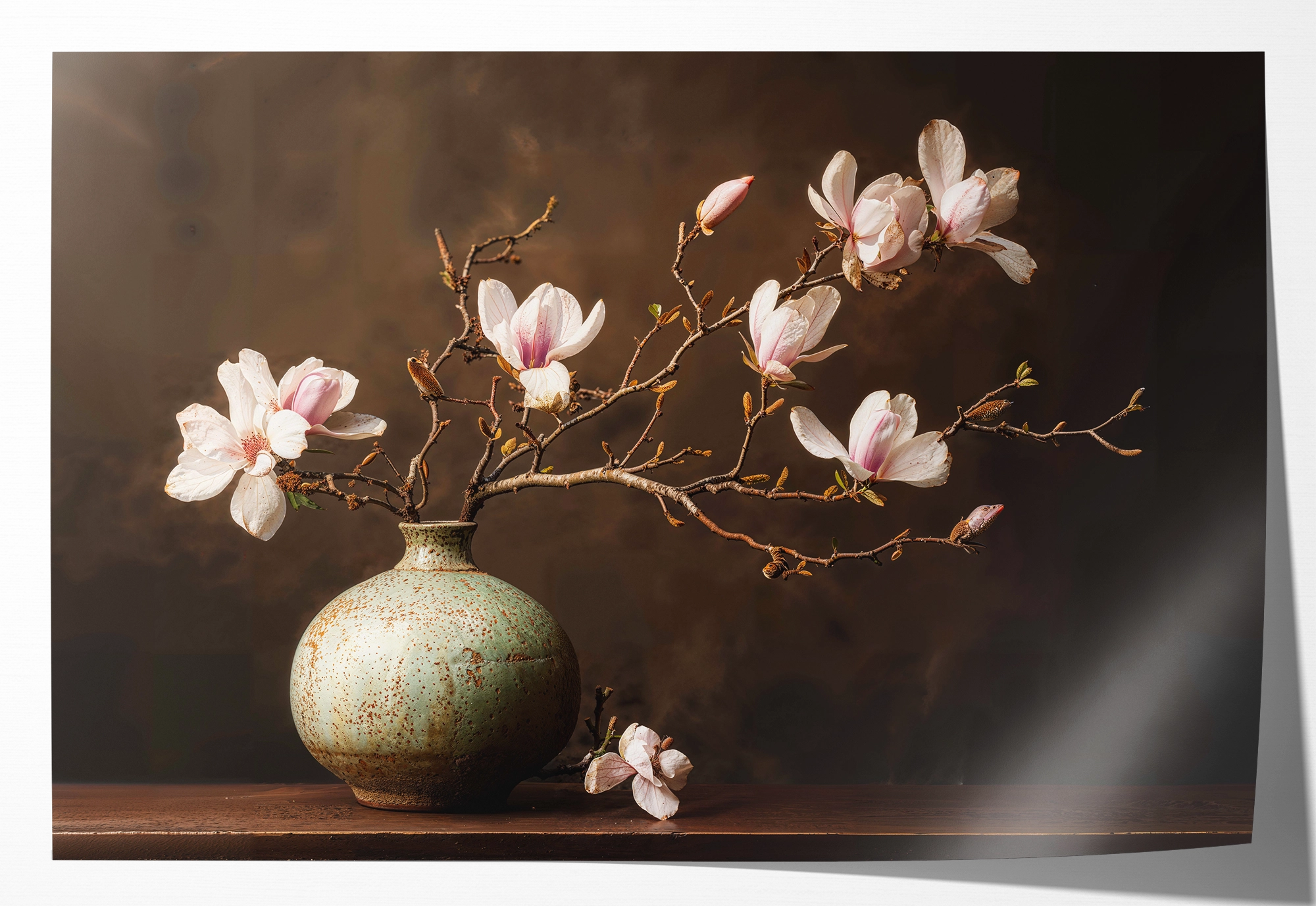 Papier Bloemen 18: zachtroze magnoliabloesems in een ronde groene vaas tegen een donkerbruine achtergrond.