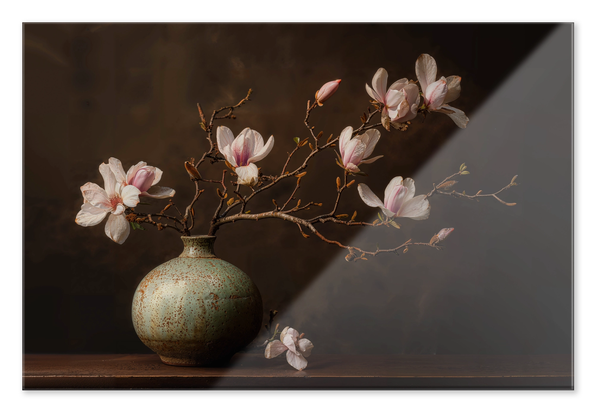 Plexiglas Bloemen 18: zachtroze magnoliabloesems in een ronde groene vaas tegen een donkerbruine achtergrond.