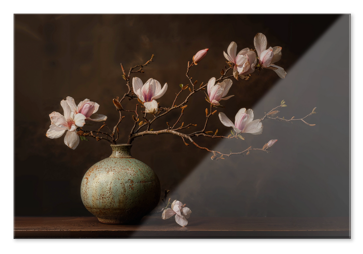 Plexiglas Bloemen 18: zachtroze magnoliabloesems in een ronde groene vaas tegen een donkerbruine achtergrond.