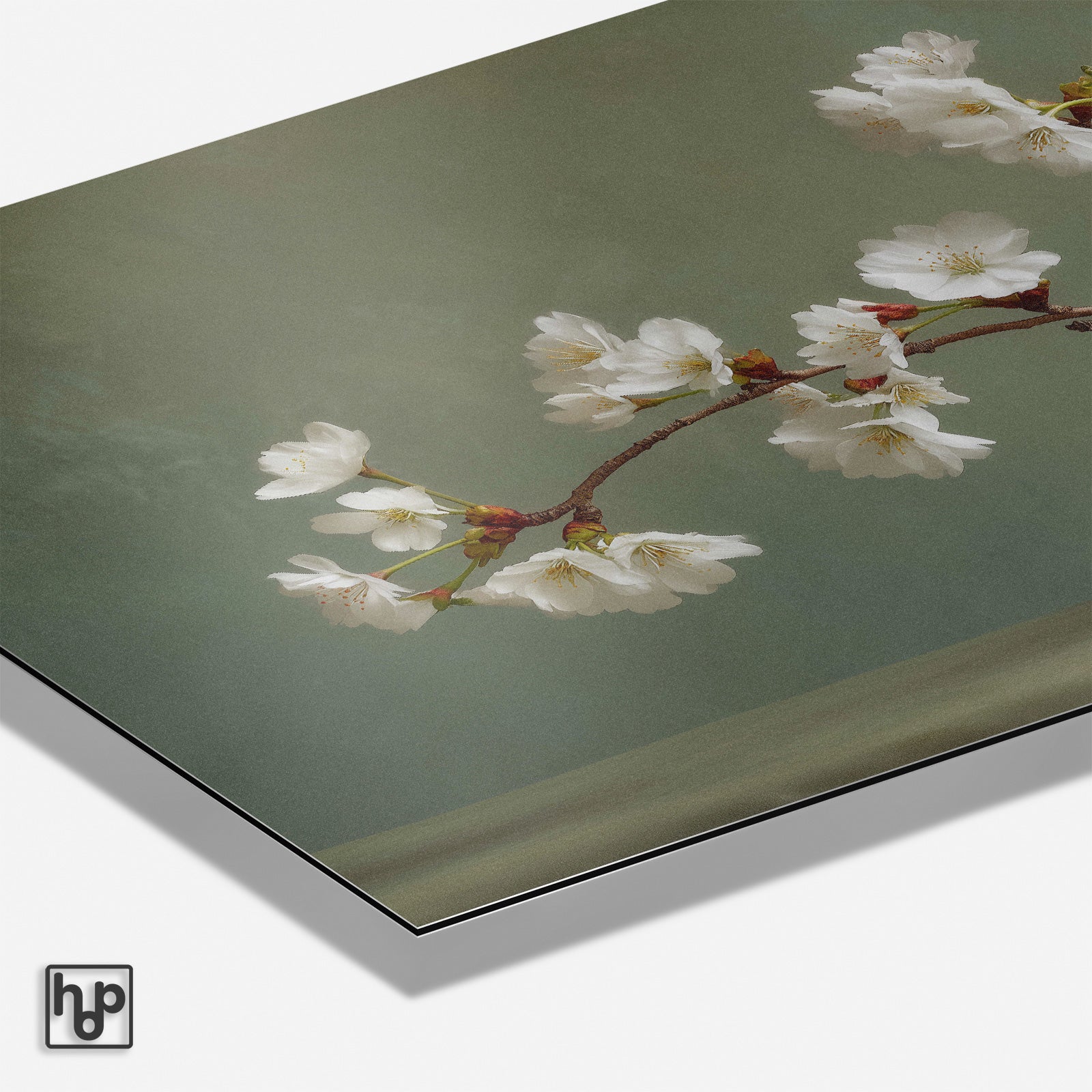 Detail van aluminium Dibond schilderij Bloemen 20 met matte afwerking en zichtbare paneelrand.