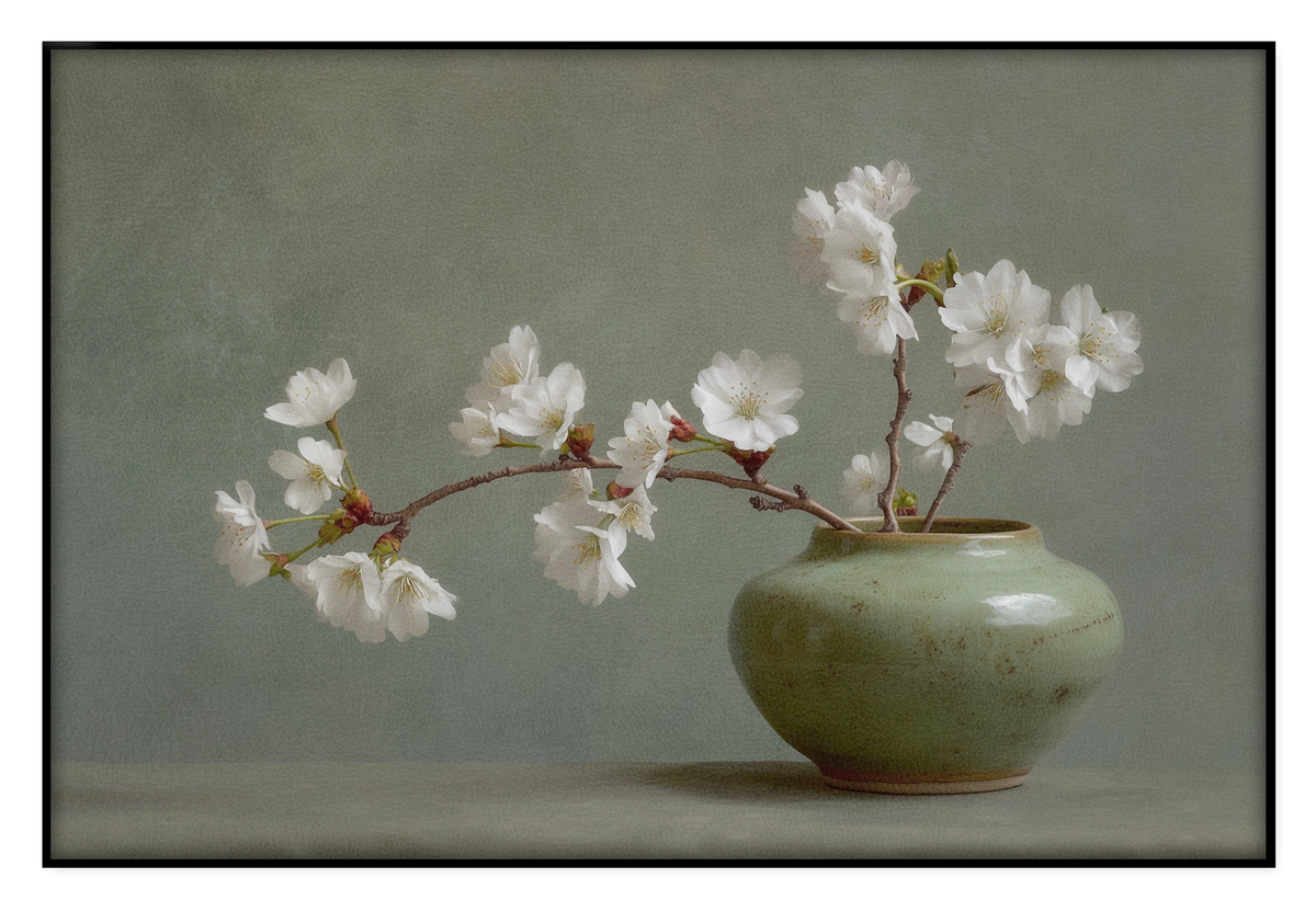 Akoestisch paneel Bloemen 20: witte bloesemtak in een groene vaas.