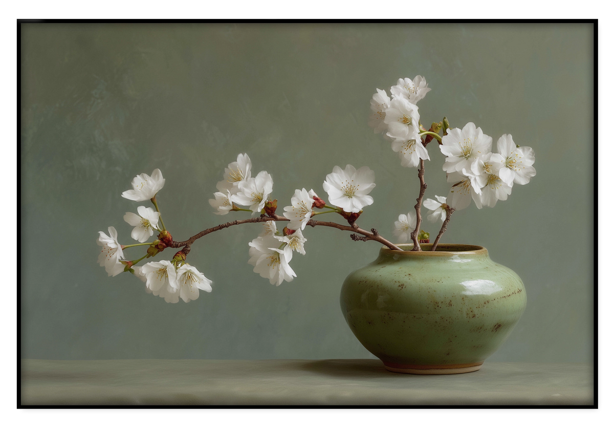 Artframe Bloemen 20: witte bloesemtak in een groene vaas.