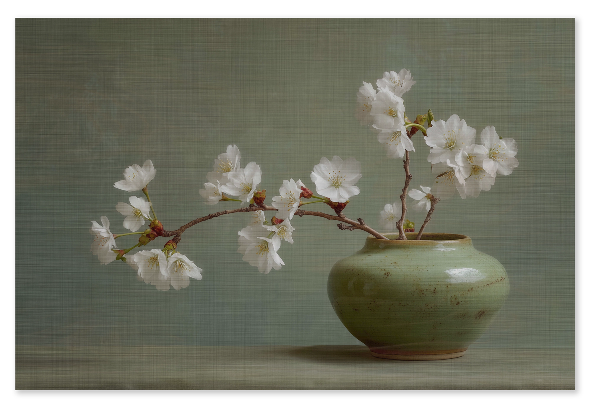 Houten wanddecoratie Bloemen 20: witte bloesemtak in een groene vaas.