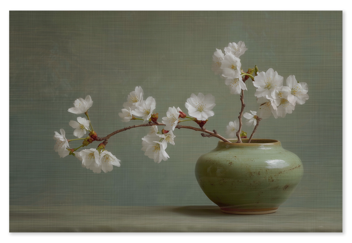 Houten wanddecoratie Bloemen 20: witte bloesemtak in een groene vaas.