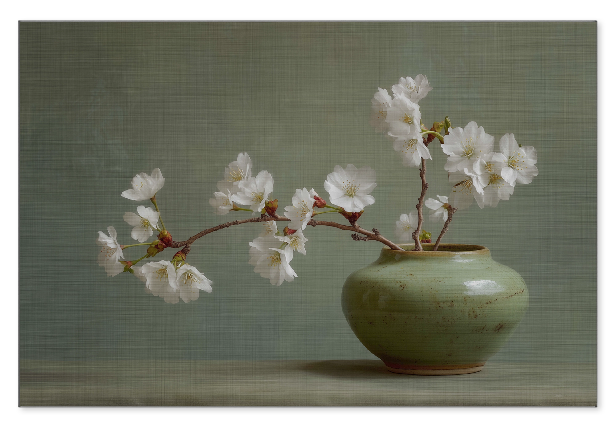 Aluminium Dibond schilderij Bloemen 20: witte bloesemtak in een groene vaas.