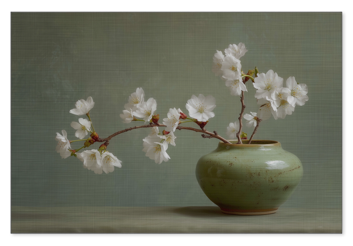Aluminium Dibond schilderij Bloemen 20: witte bloesemtak in een groene vaas.