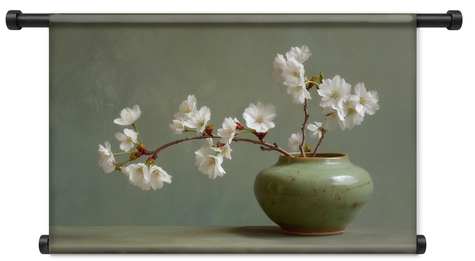 Wandkleed Bloemen 20: witte bloesemtak in een groene vaas.