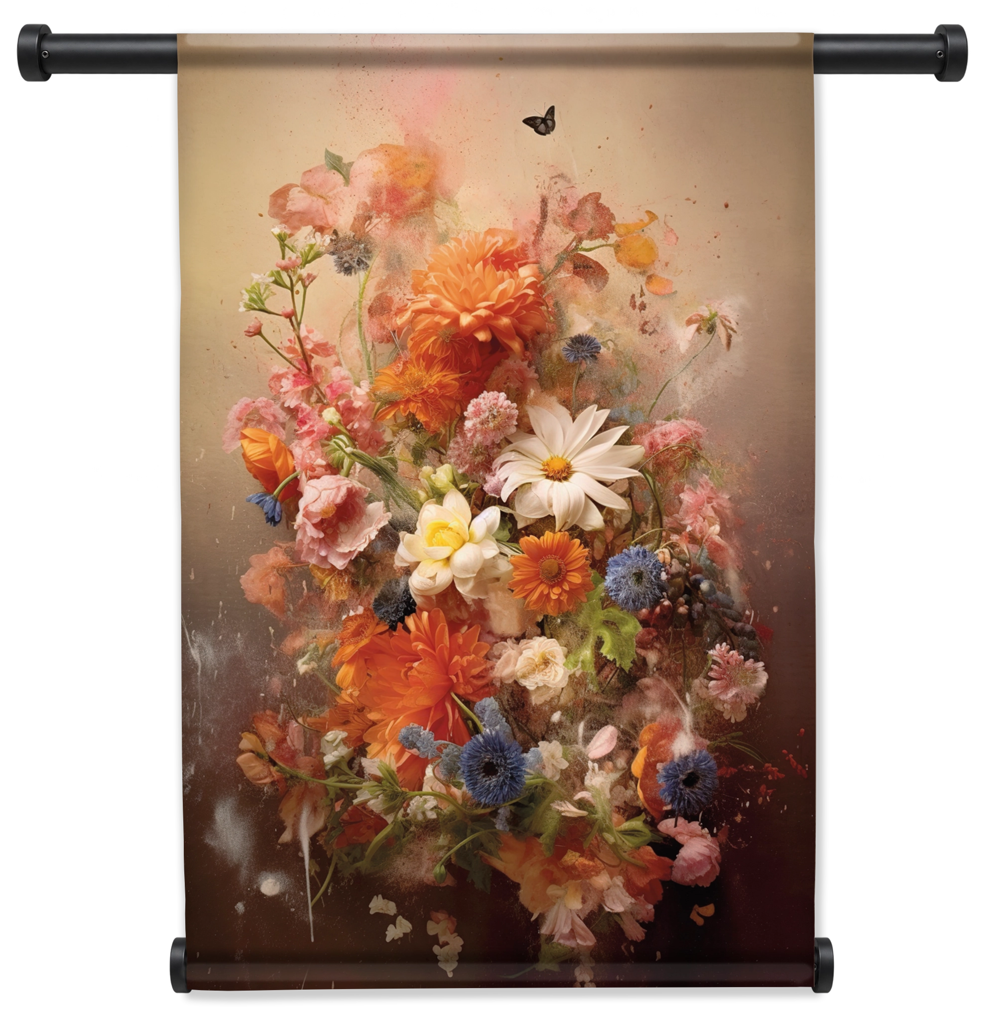 Wandkleed Bloemen explosie 2: kleurrijk bloemenboeket in warme roze en oranje tinten.