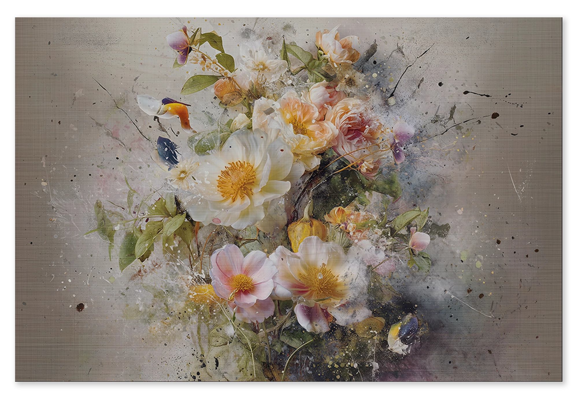 Houten wanddecoratie Bloemen explosie 3: witte, roze en gele bloemen met losse verfspatten.