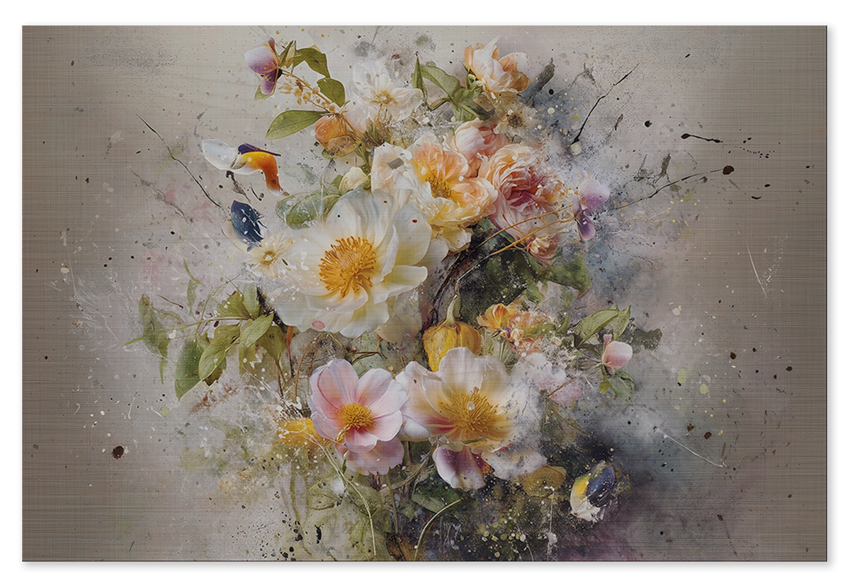 Houten wanddecoratie Bloemen explosie 3: witte, roze en gele bloemen met losse verfspatten.