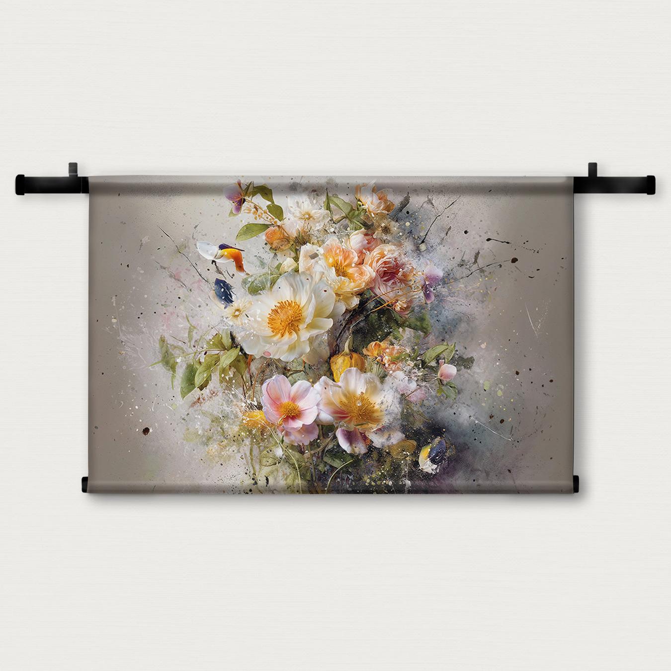 Wandkleed Bloemen explosie 3: witte, roze en gele bloemen met losse verfspatten.