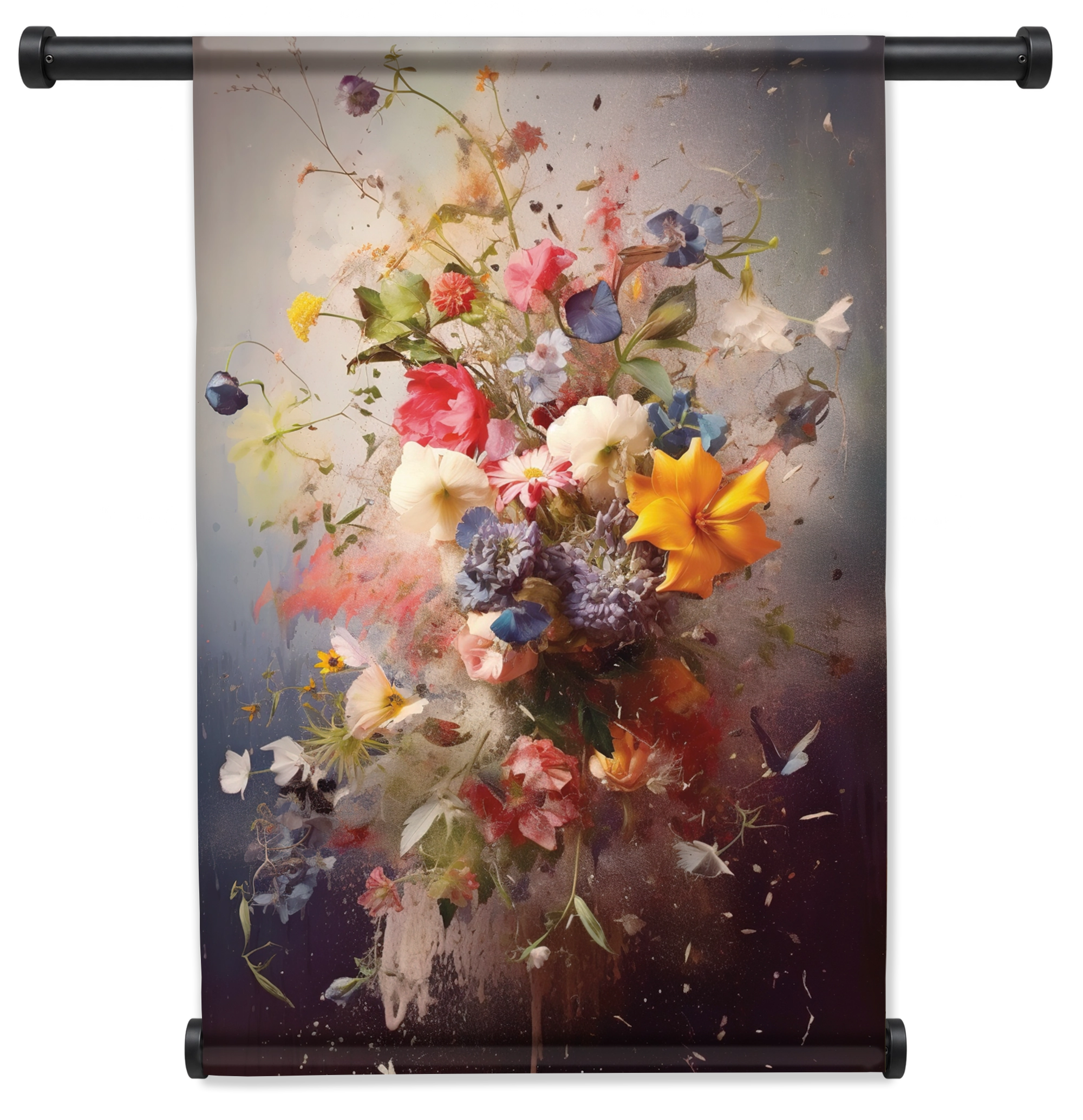 Wandkleed Bloemen explosie: uitbundig boeket met kleurrijke bloemen en verfspatten.