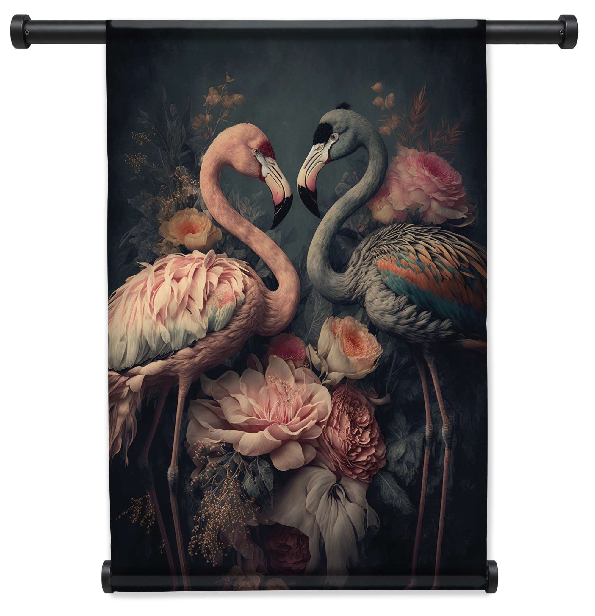 Bloemen Flamingo's wandkleed staand met zwarte roedes