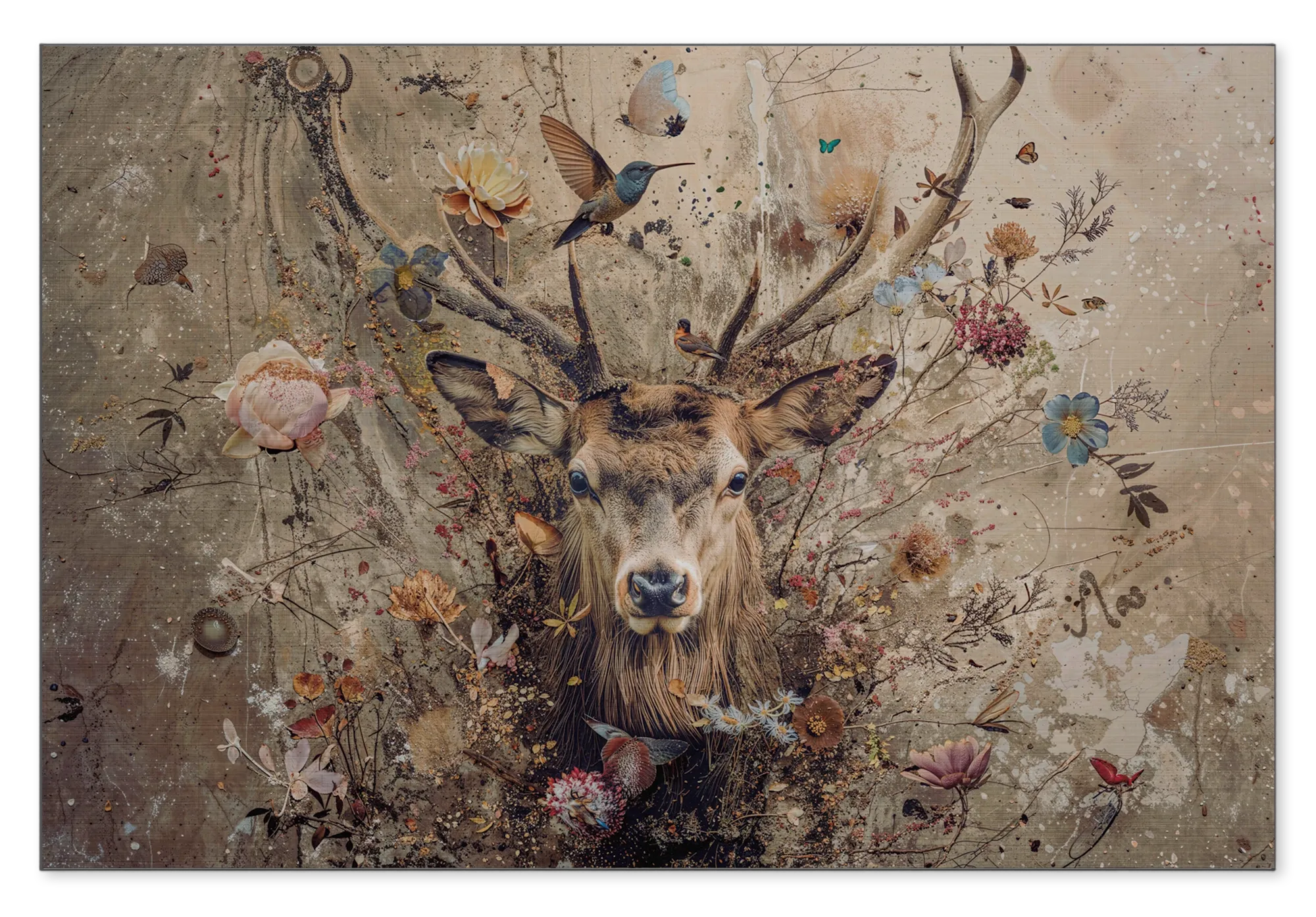 Bloemen hert op aluminium: een hert met groot gewei tussen bloemen, vogels en vlinders op een beige achtergrond.