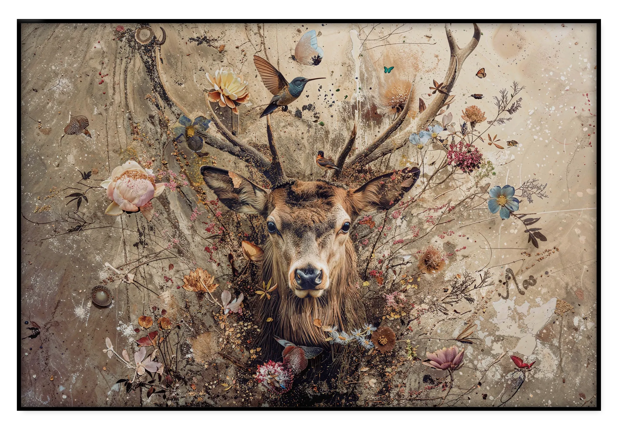 Bloemen hert op artframe: een hert met groot gewei tussen bloemen, vogels en vlinders op een beige achtergrond.