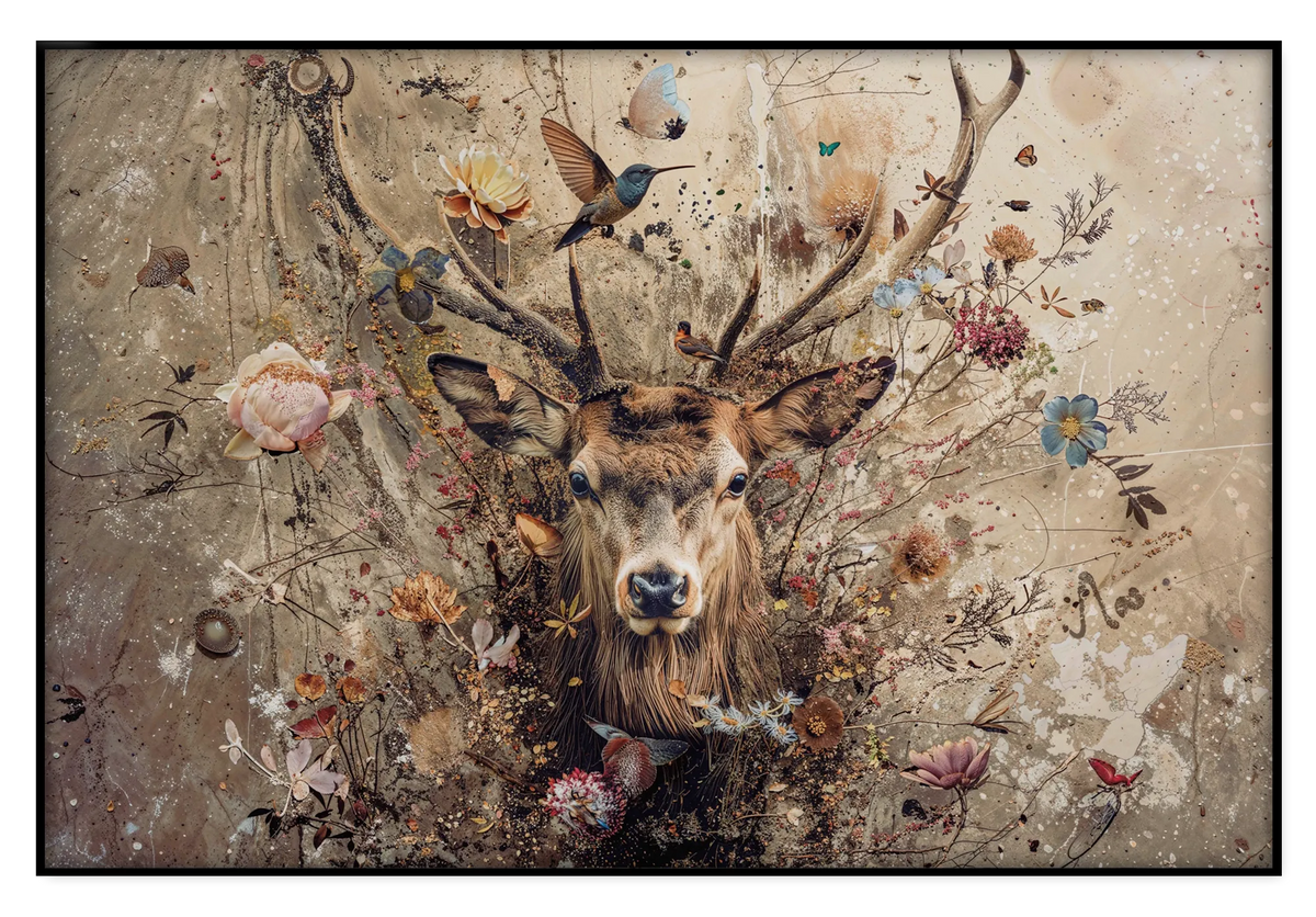 Bloemen hert op artframe: een hert met groot gewei tussen bloemen, vogels en vlinders op een beige achtergrond.