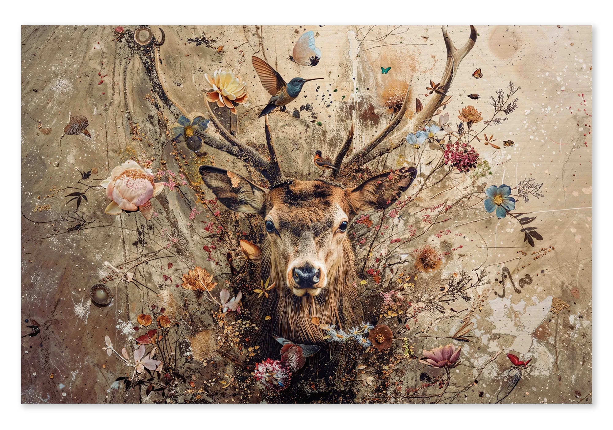 Bloemen hert op canvas: een hert met groot gewei tussen bloemen, vogels en vlinders op een beige achtergrond.