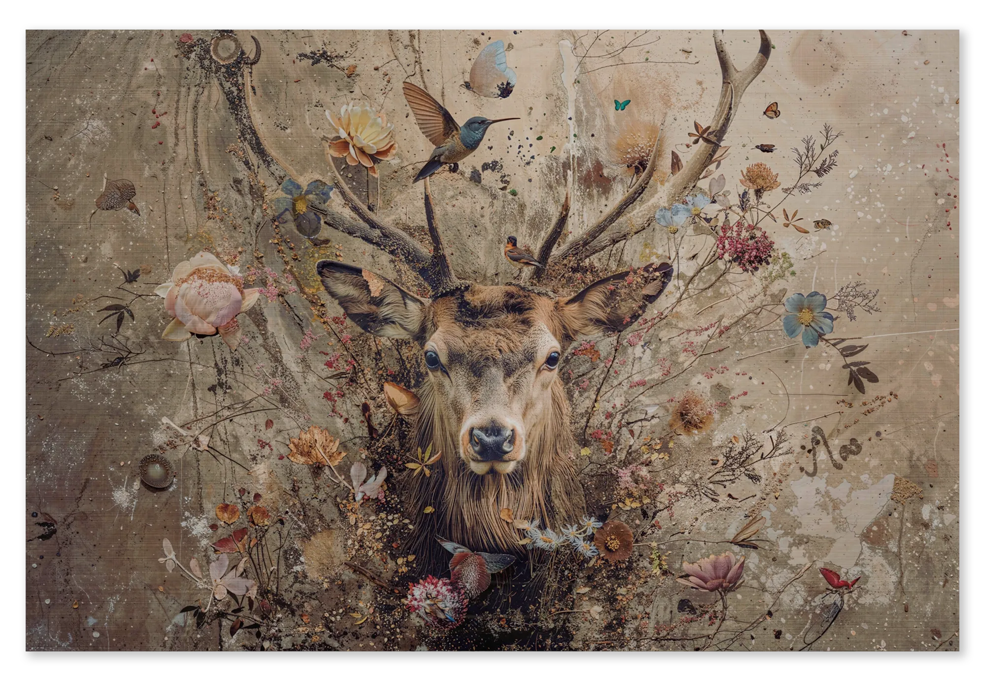 Bloemen hert op hout: een hert met groot gewei tussen bloemen, vogels en vlinders op een beige achtergrond.
