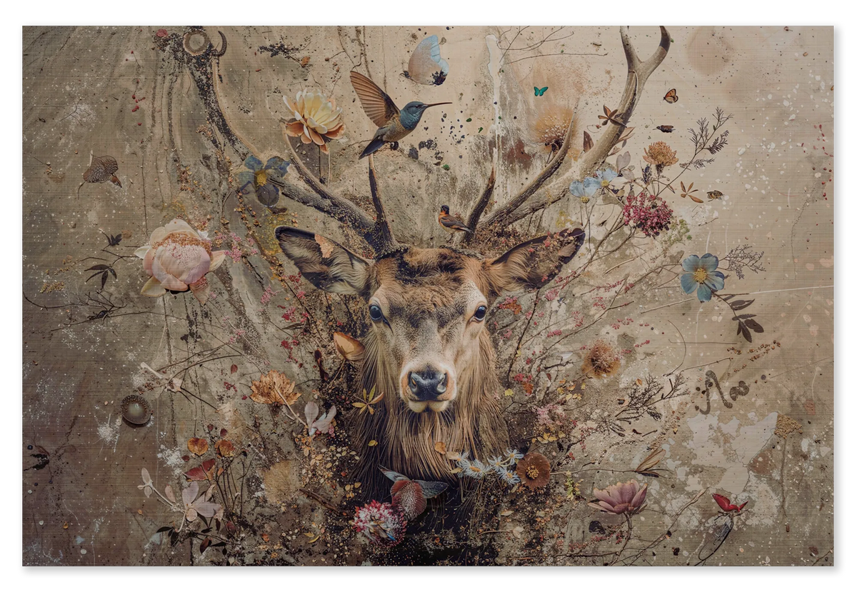 Bloemen hert op hout: een hert met groot gewei tussen bloemen, vogels en vlinders op een beige achtergrond.