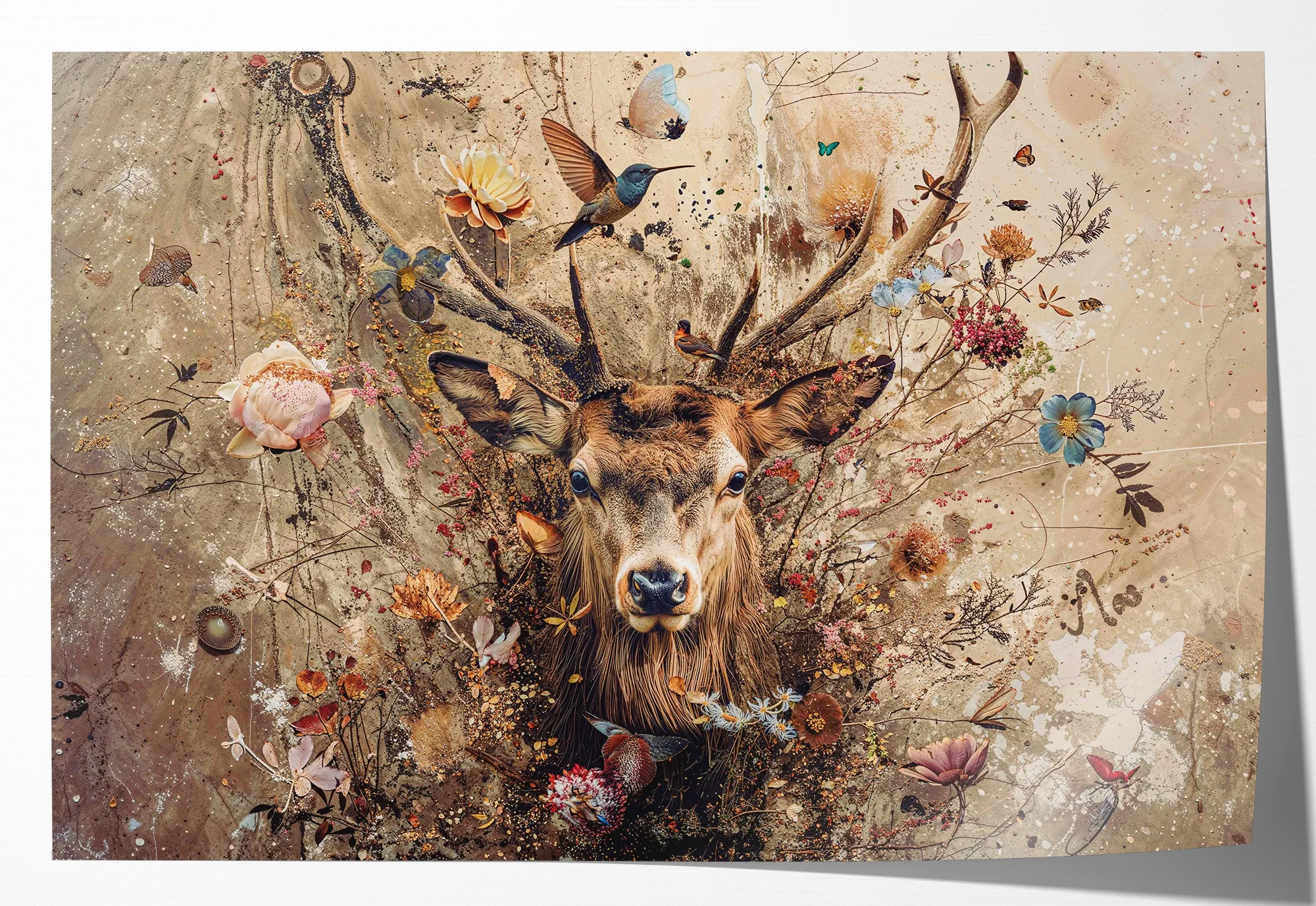 Bloemen hert op papier: een hert met groot gewei tussen bloemen, vogels en vlinders op een beige achtergrond.