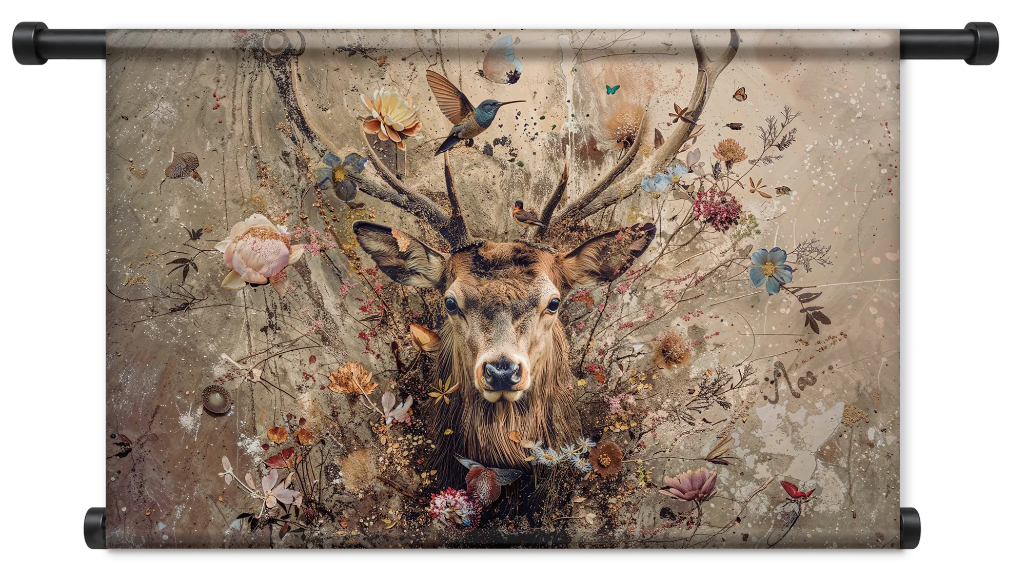 Bloemen hert op wandkleed: een hert met groot gewei tussen bloemen, vogels en vlinders op een beige achtergrond.