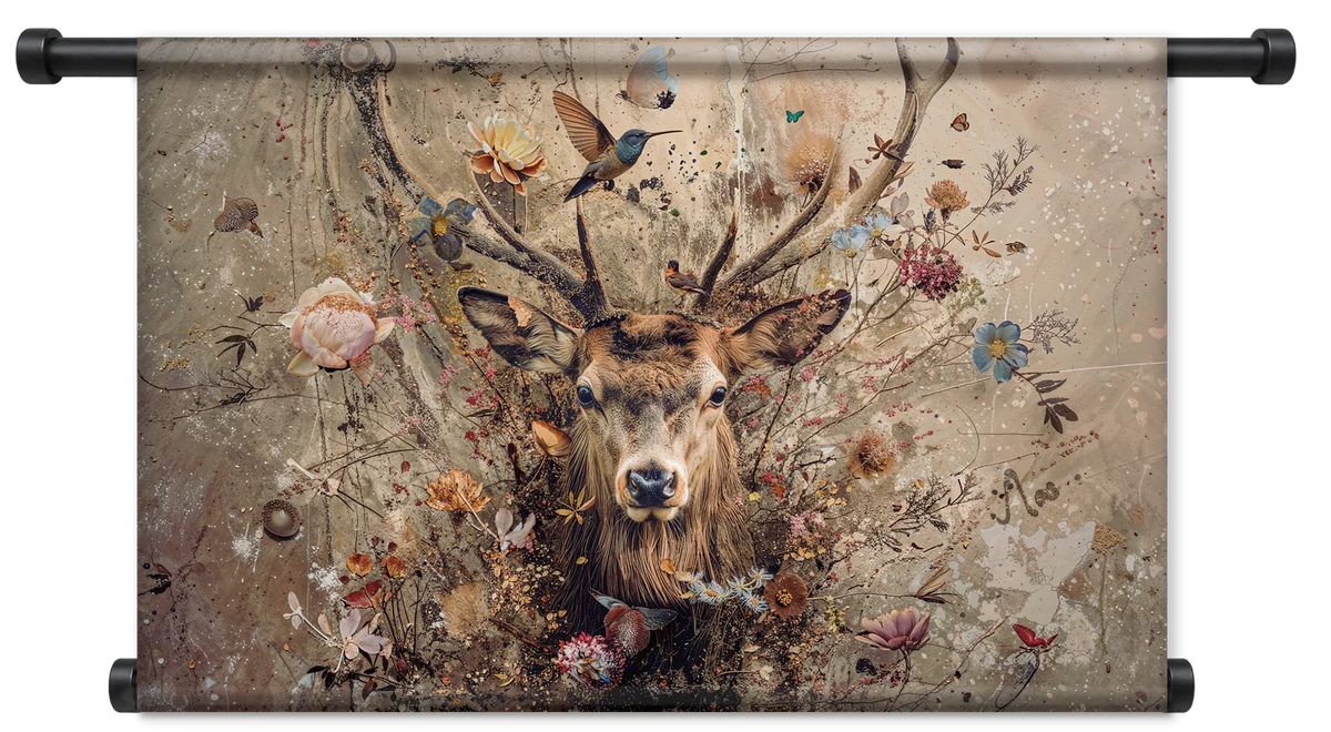 Bloemen hert op wandkleed: een hert met groot gewei tussen bloemen, vogels en vlinders op een beige achtergrond.