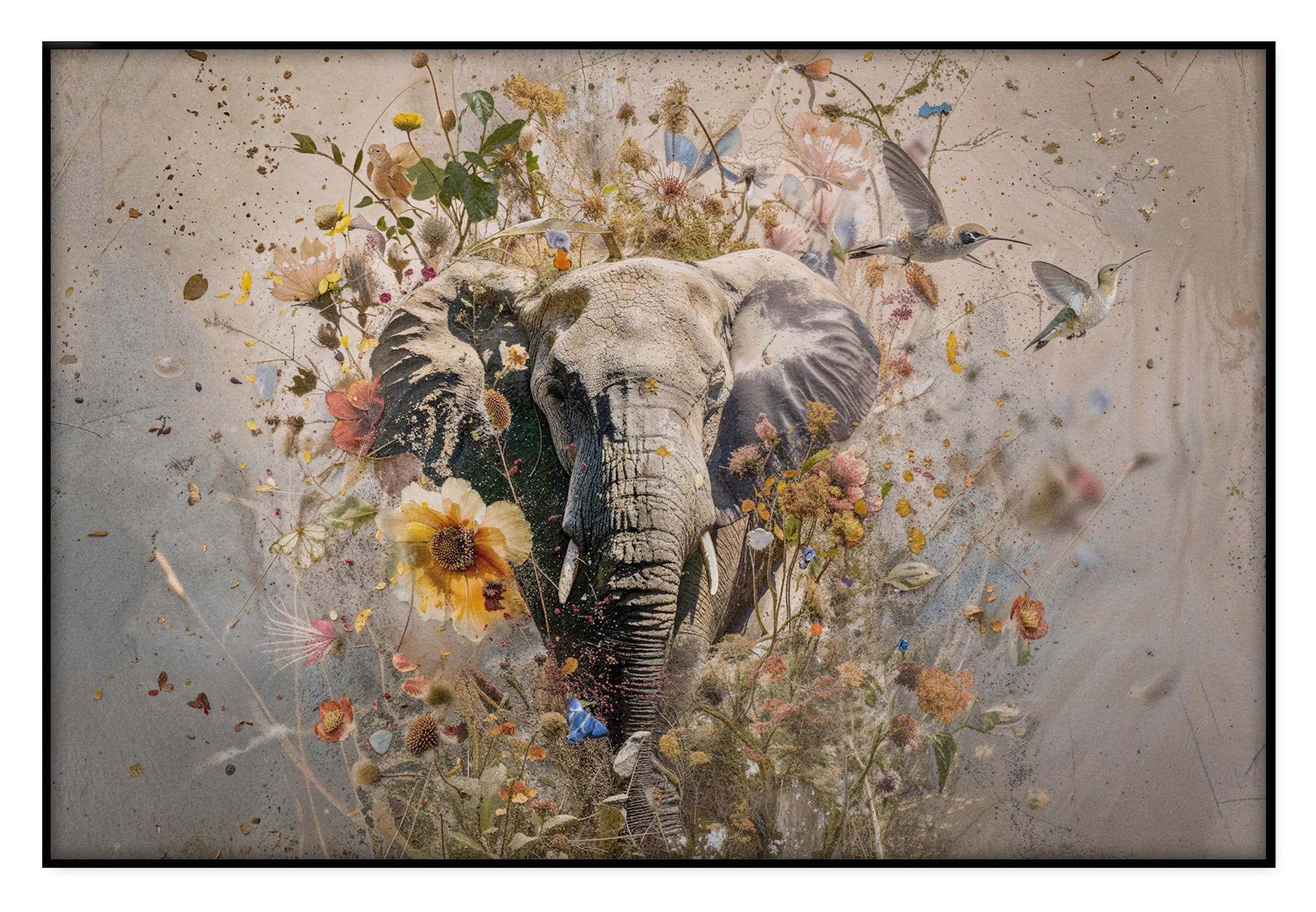 Akoestisch paneel Bloemen olifant: een olifant tussen kleurrijke bloemen, vogels en vlinders op een lichte beige achtergrond.