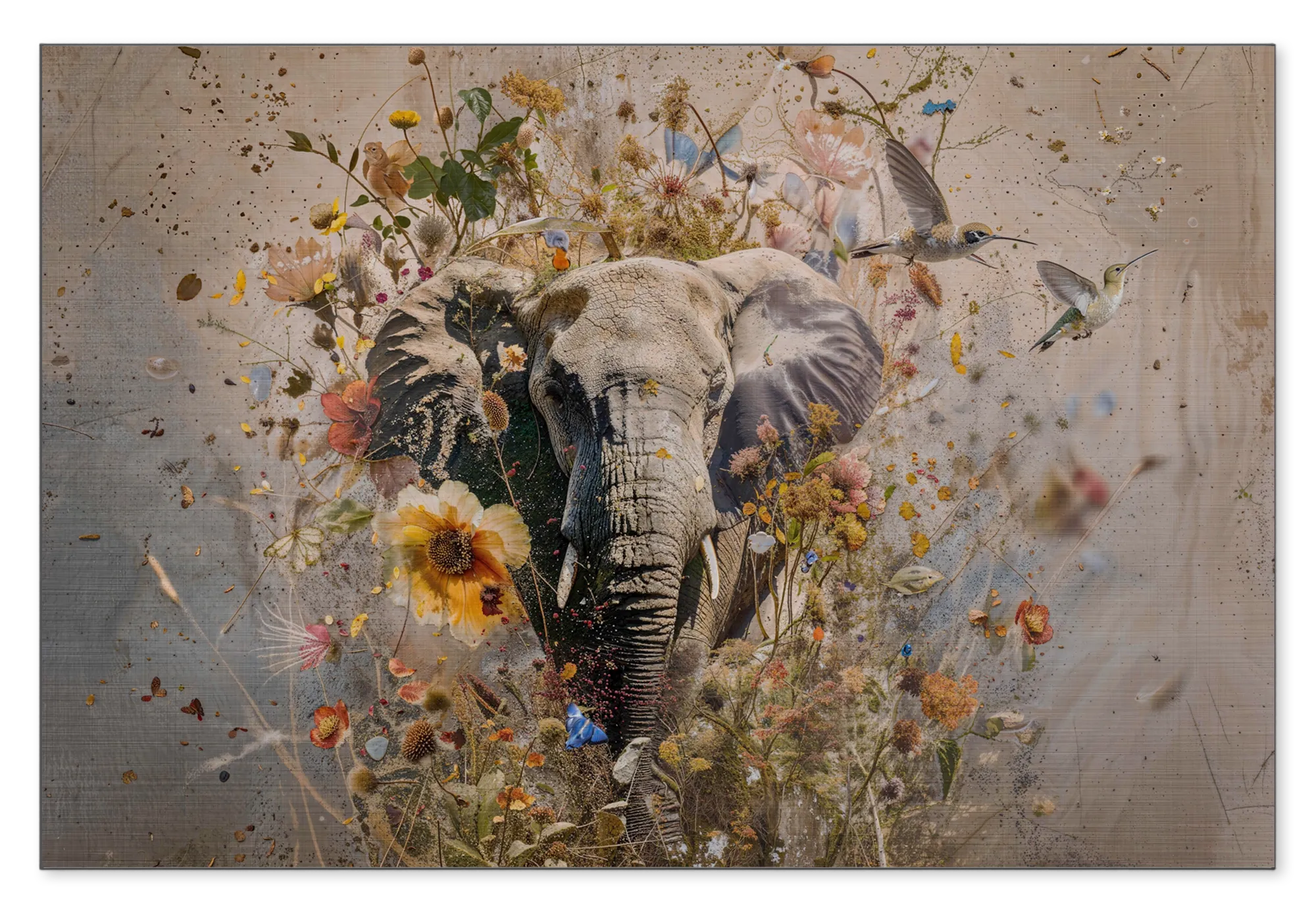 Aluminium Bloemen olifant: een olifant tussen kleurrijke bloemen, vogels en vlinders op een lichte beige achtergrond.