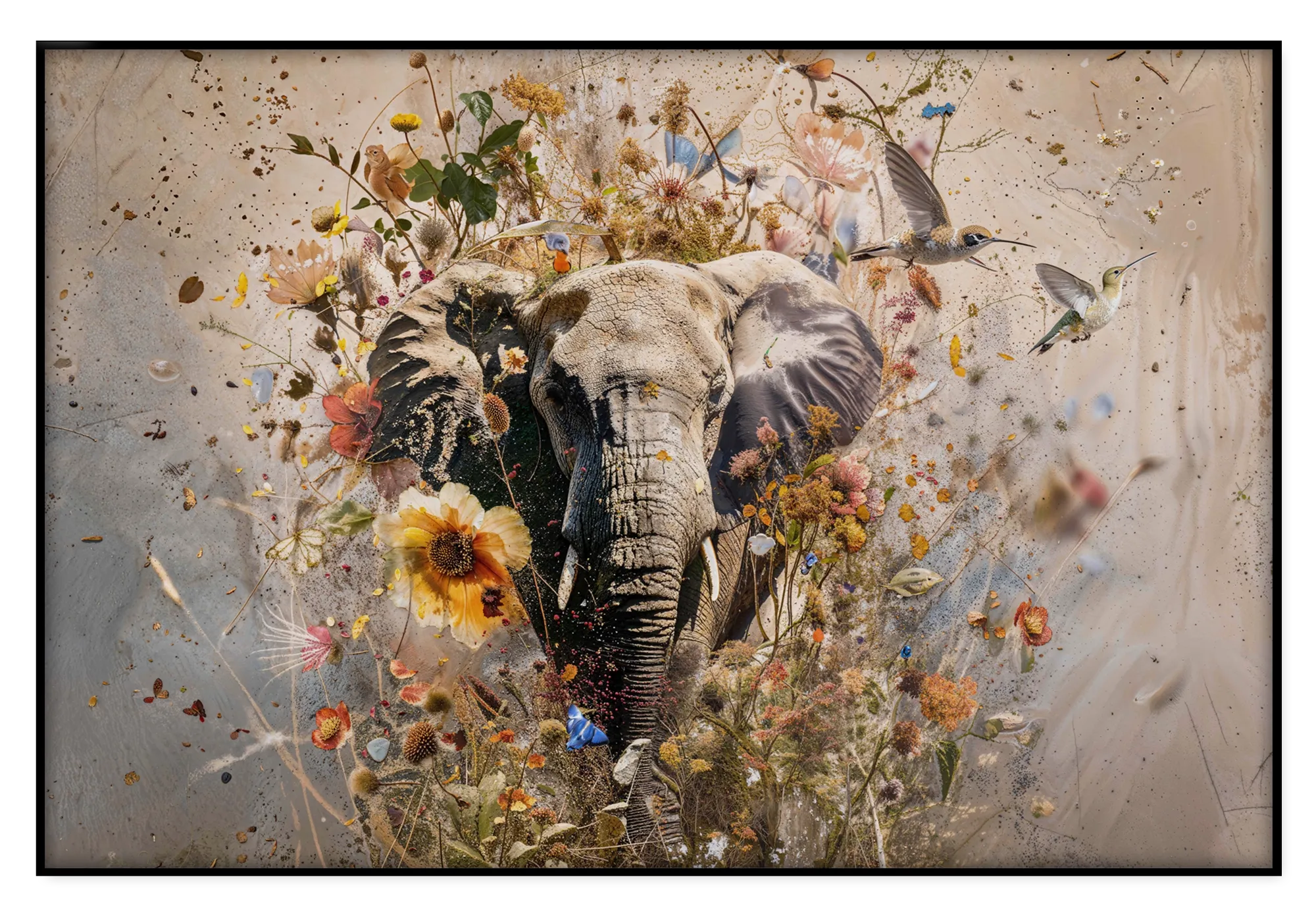 Artframe Bloemen olifant: een olifant tussen kleurrijke bloemen, vogels en vlinders op een lichte beige achtergrond.