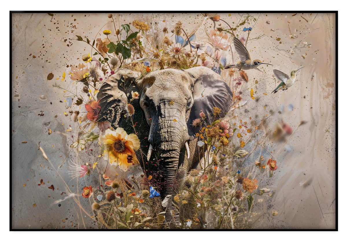 Artframe Bloemen olifant: een olifant tussen kleurrijke bloemen, vogels en vlinders op een lichte beige achtergrond.