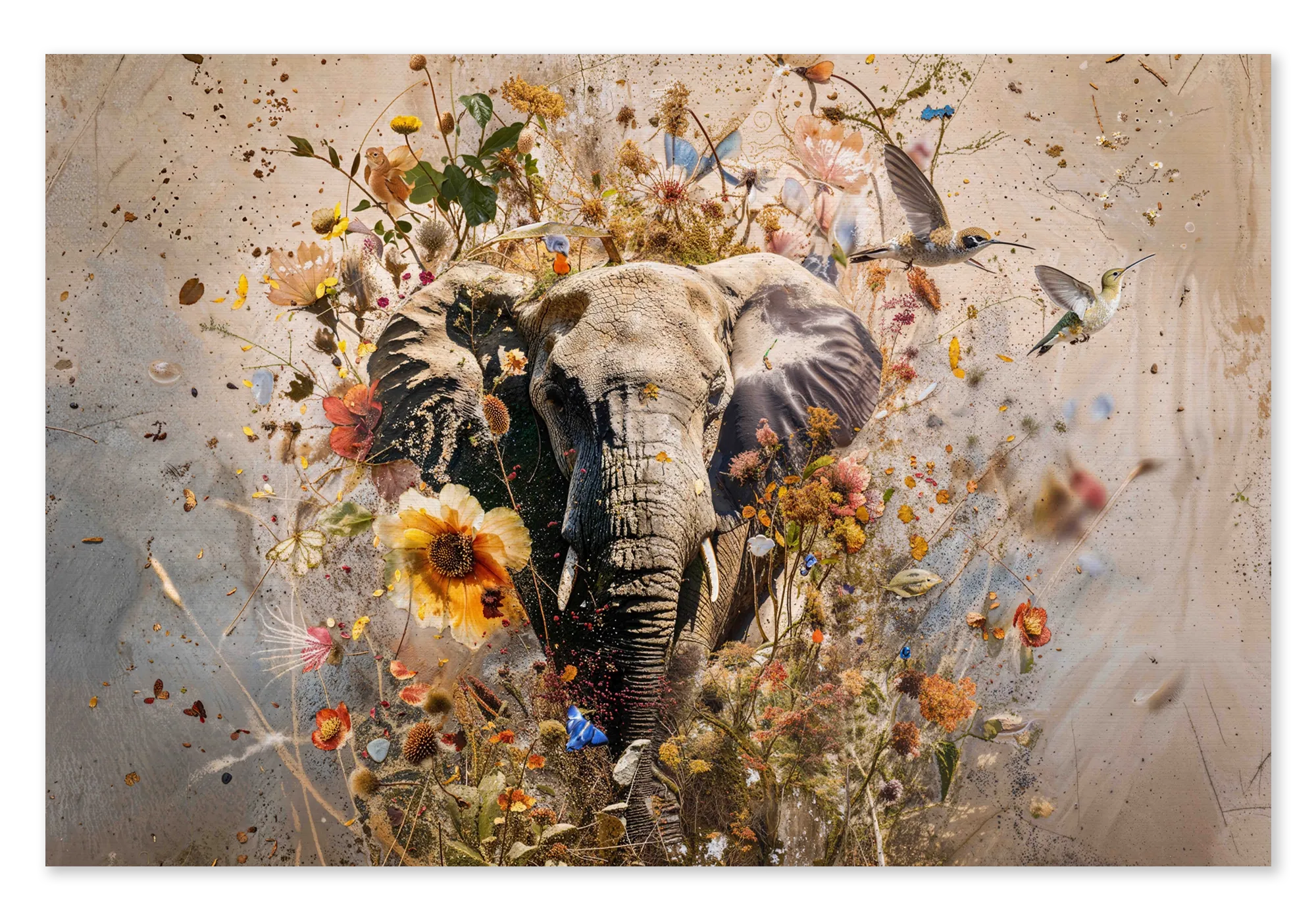 Canvas Bloemen olifant: een olifant tussen kleurrijke bloemen, vogels en vlinders op een lichte beige achtergrond.
