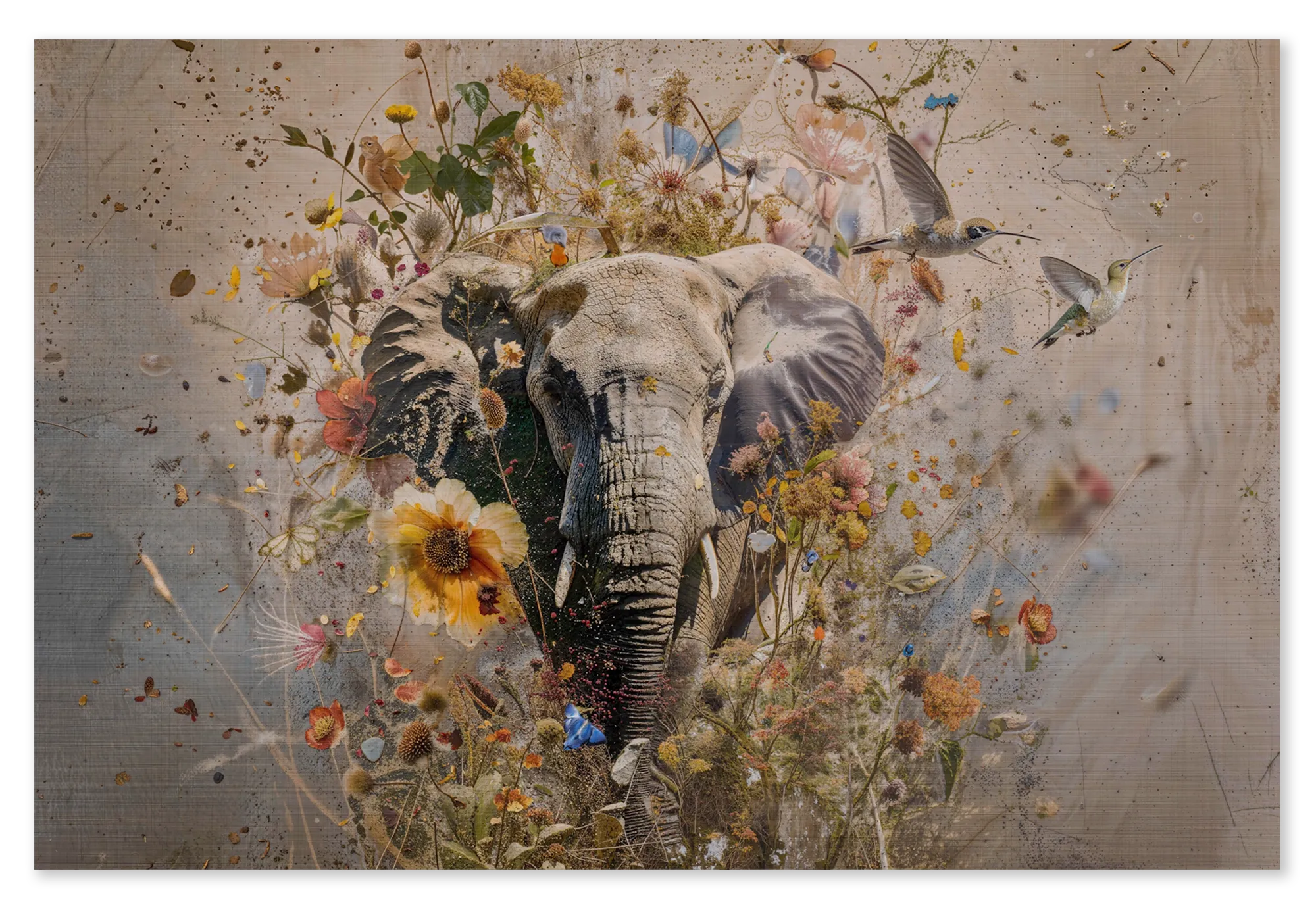 Hout Bloemen olifant: een olifant tussen kleurrijke bloemen, vogels en vlinders op een lichte beige achtergrond.