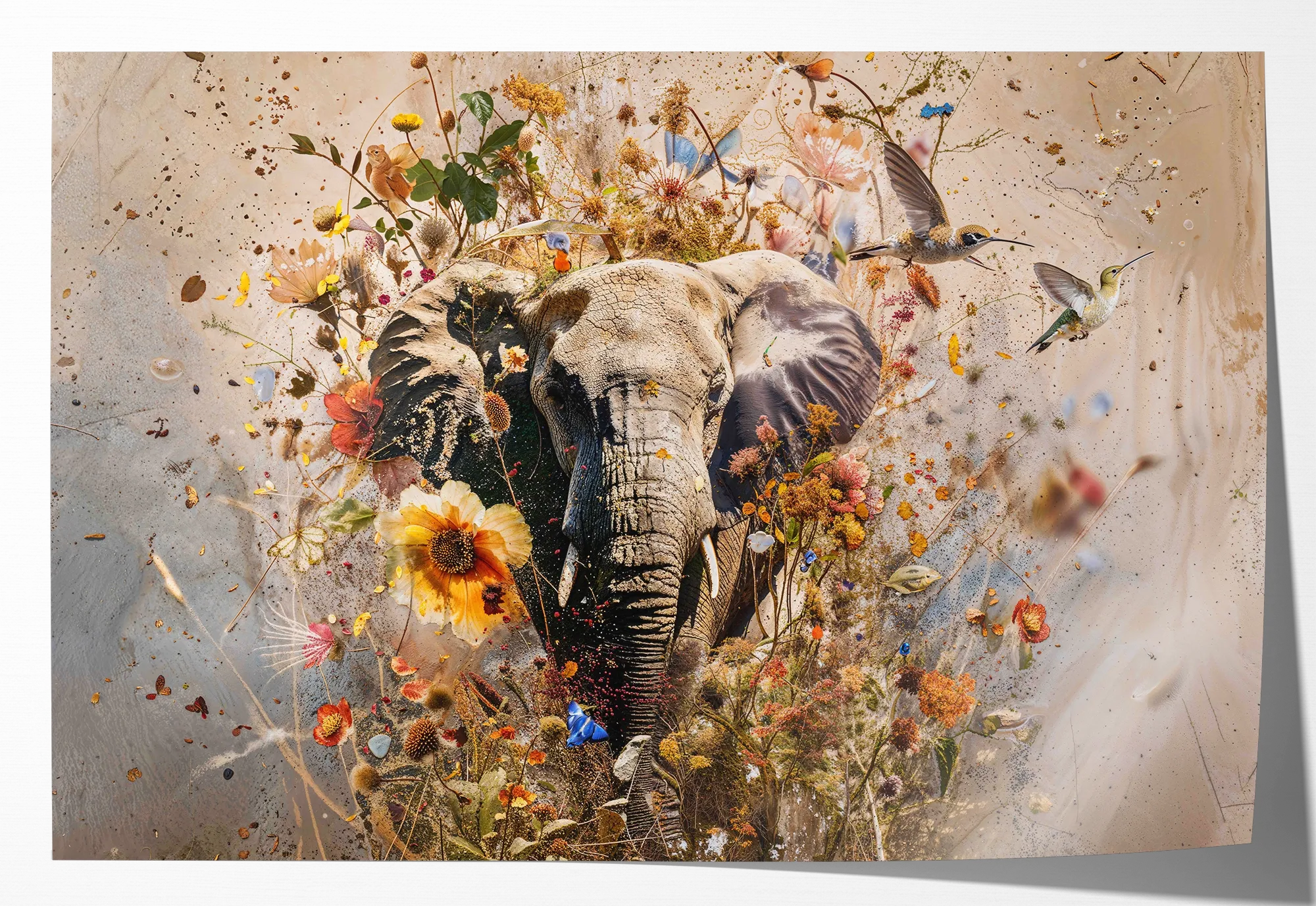 Papier Bloemen olifant: een olifant tussen kleurrijke bloemen, vogels en vlinders op een lichte beige achtergrond.