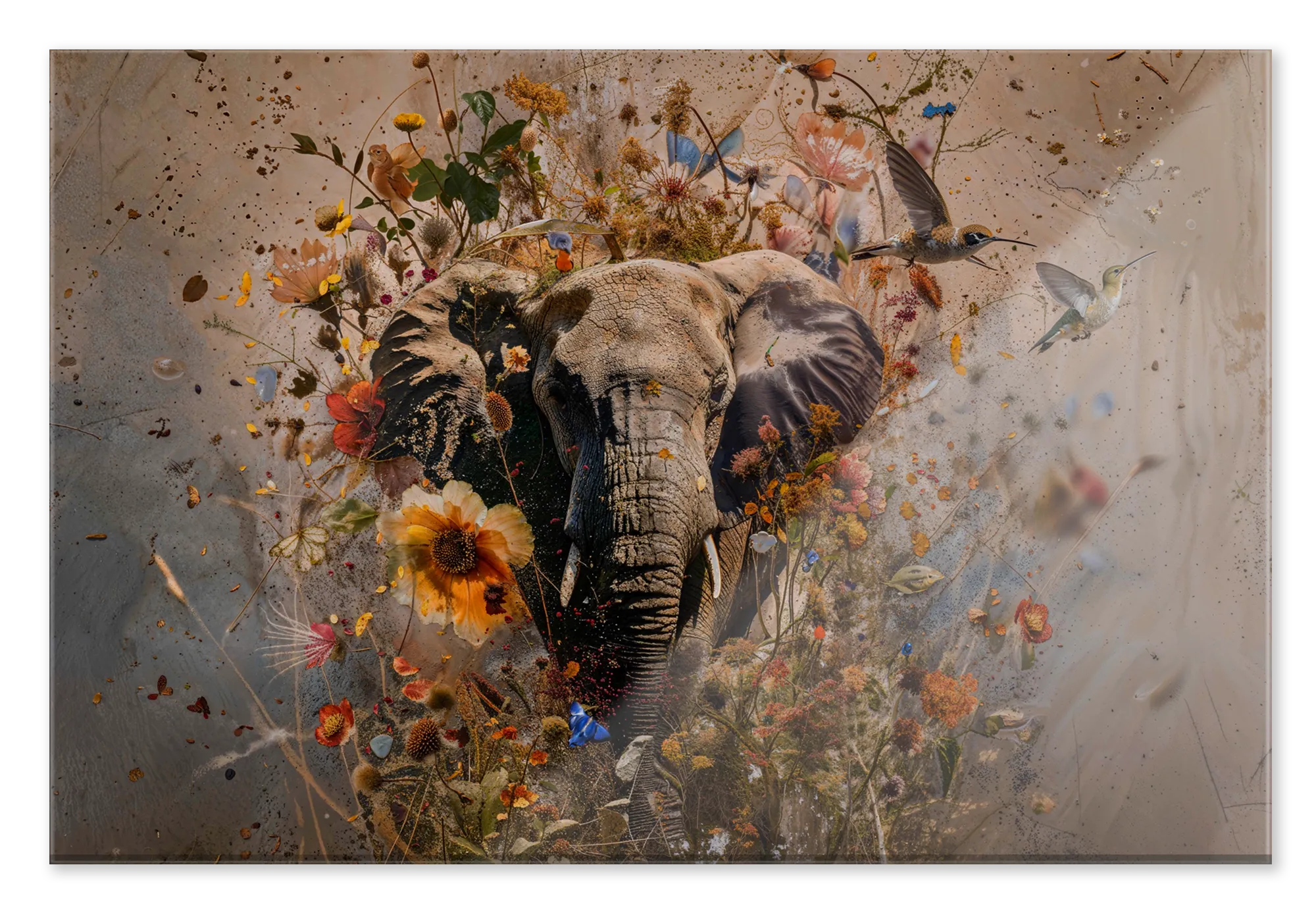 Plexiglas Bloemen olifant: een olifant tussen kleurrijke bloemen, vogels en vlinders op een lichte beige achtergrond.