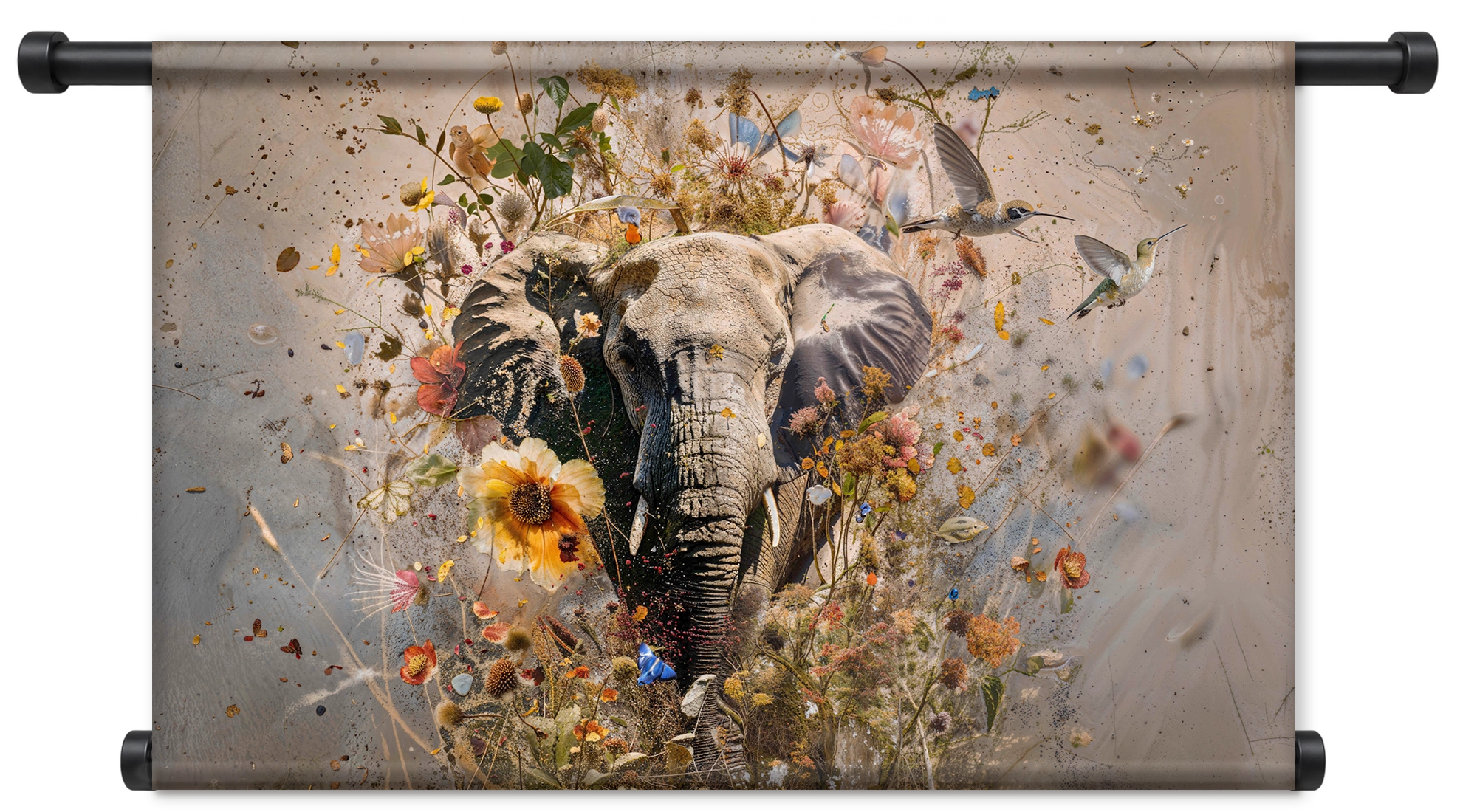 Bloemen olifant als liggend wandkleed met zwarte roedes