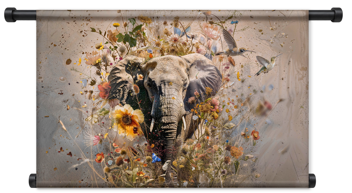 Bloemen olifant als liggend wandkleed met zwarte roedes