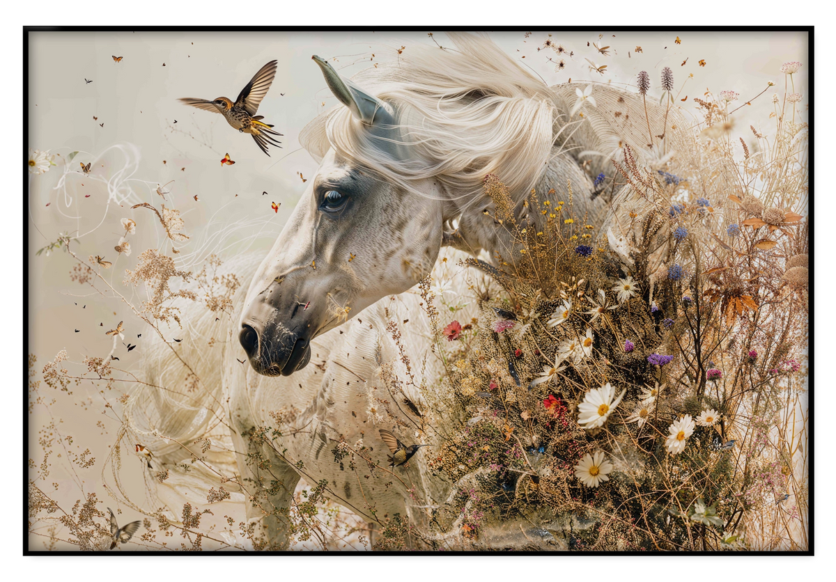 Artframe Bloemen paard: wit paard tussen bloemen met een vliegende vogel.