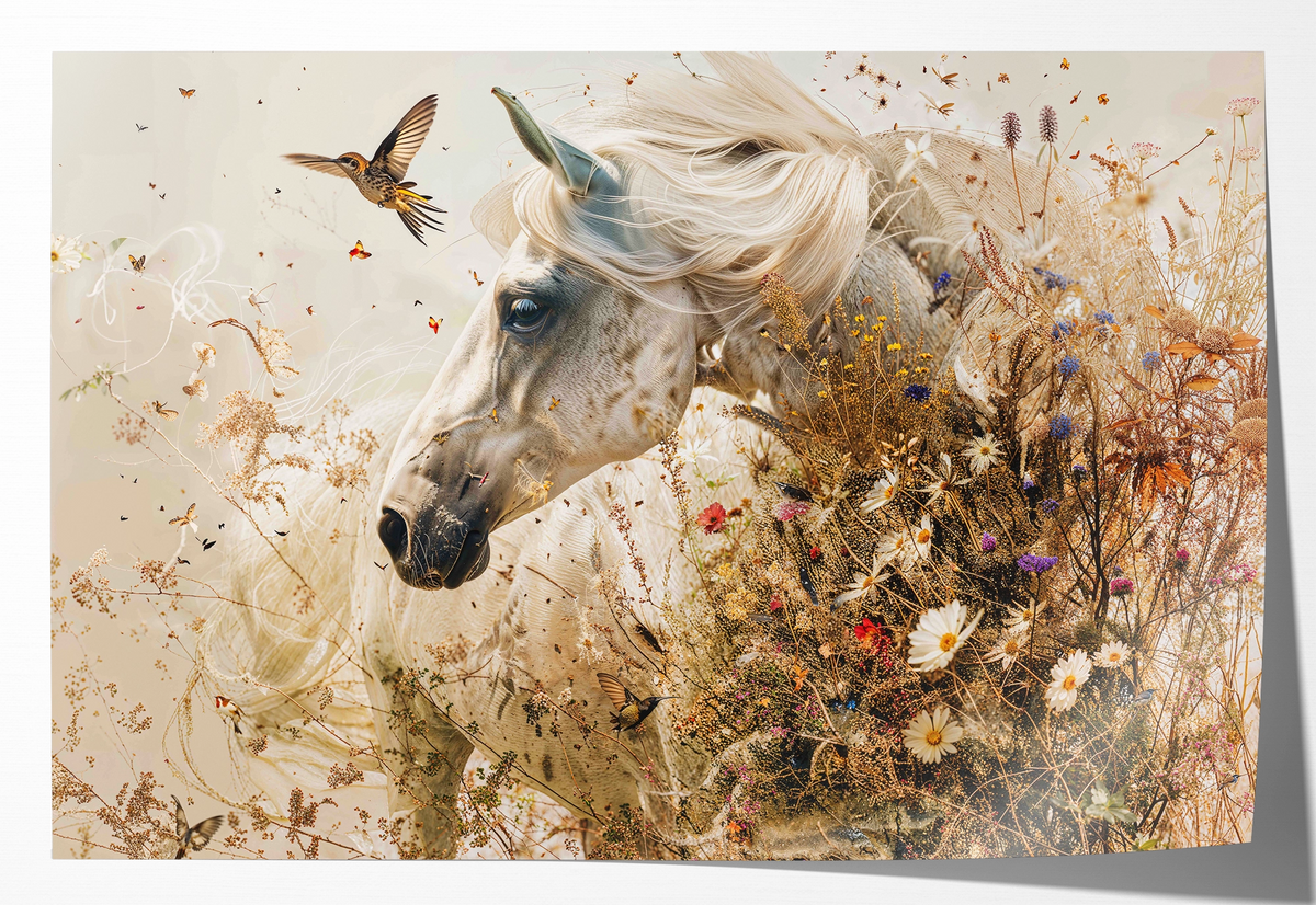 Papieren poster Bloemen paard: wit paard tussen bloemen met een vliegende vogel.