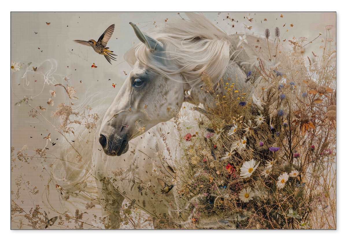 Aluminium Dibond schilderij Bloemen paard: wit paard tussen bloemen met een vliegende vogel.