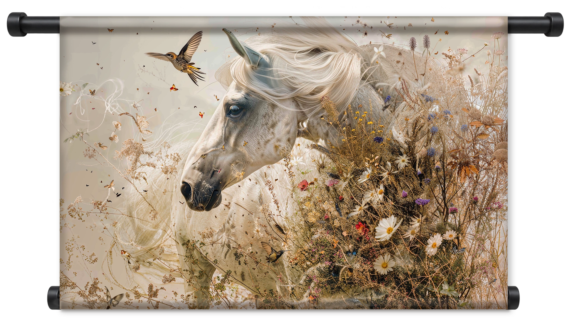 Wandkleed Bloemen paard: wit paard tussen bloemen met een vliegende vogel.
