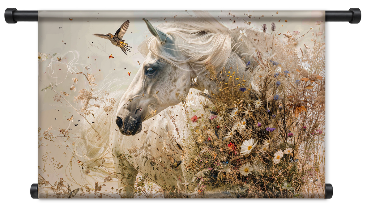 Wandkleed Bloemen paard: wit paard tussen bloemen met een vliegende vogel.