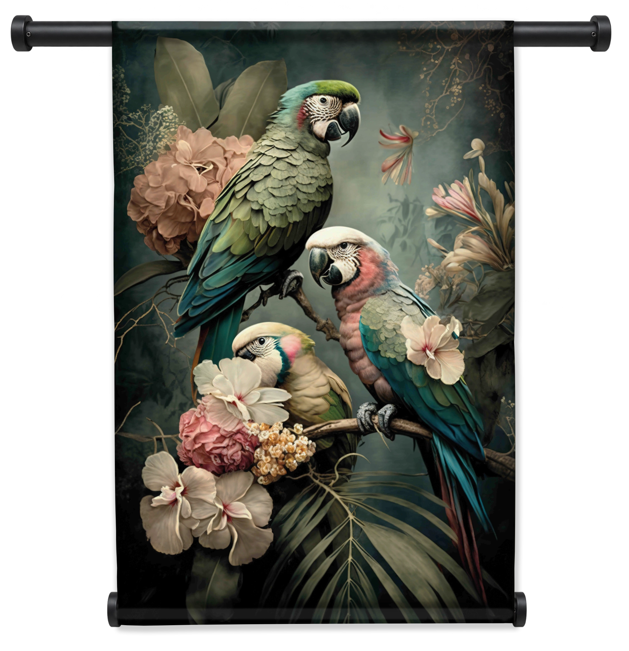 Bloemen Papegaaien 3 wandkleed staand met zwarte roedes