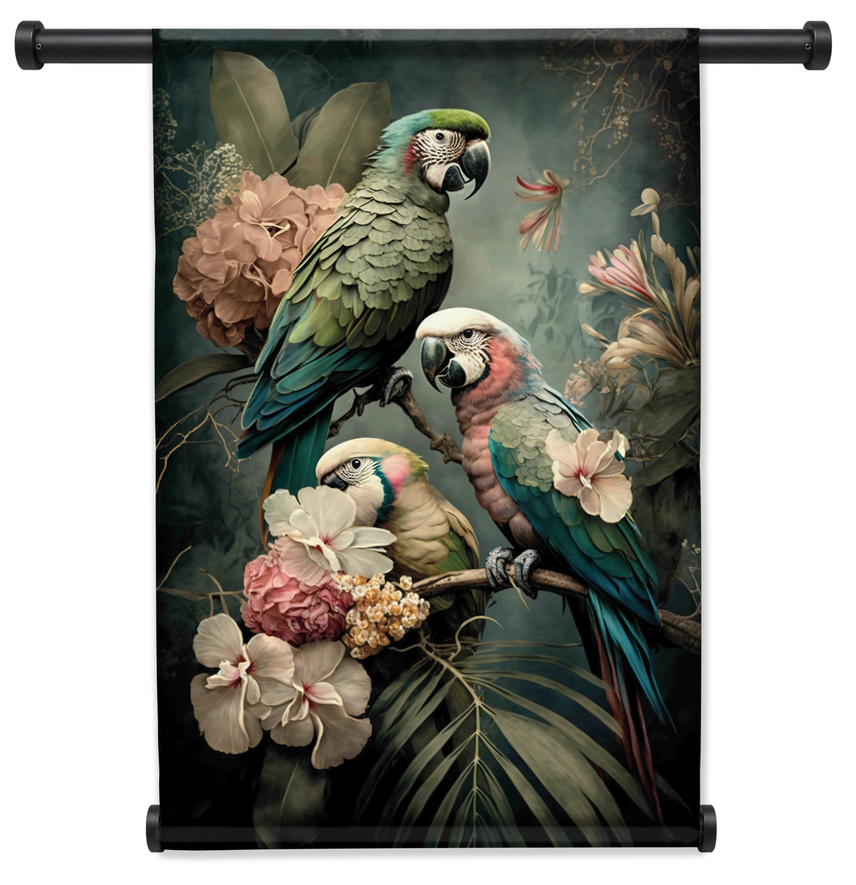 Wandkleed Bloemen Papegaaien 3: drie papegaaien tussen roze en witte bloemen en tropische bladeren.