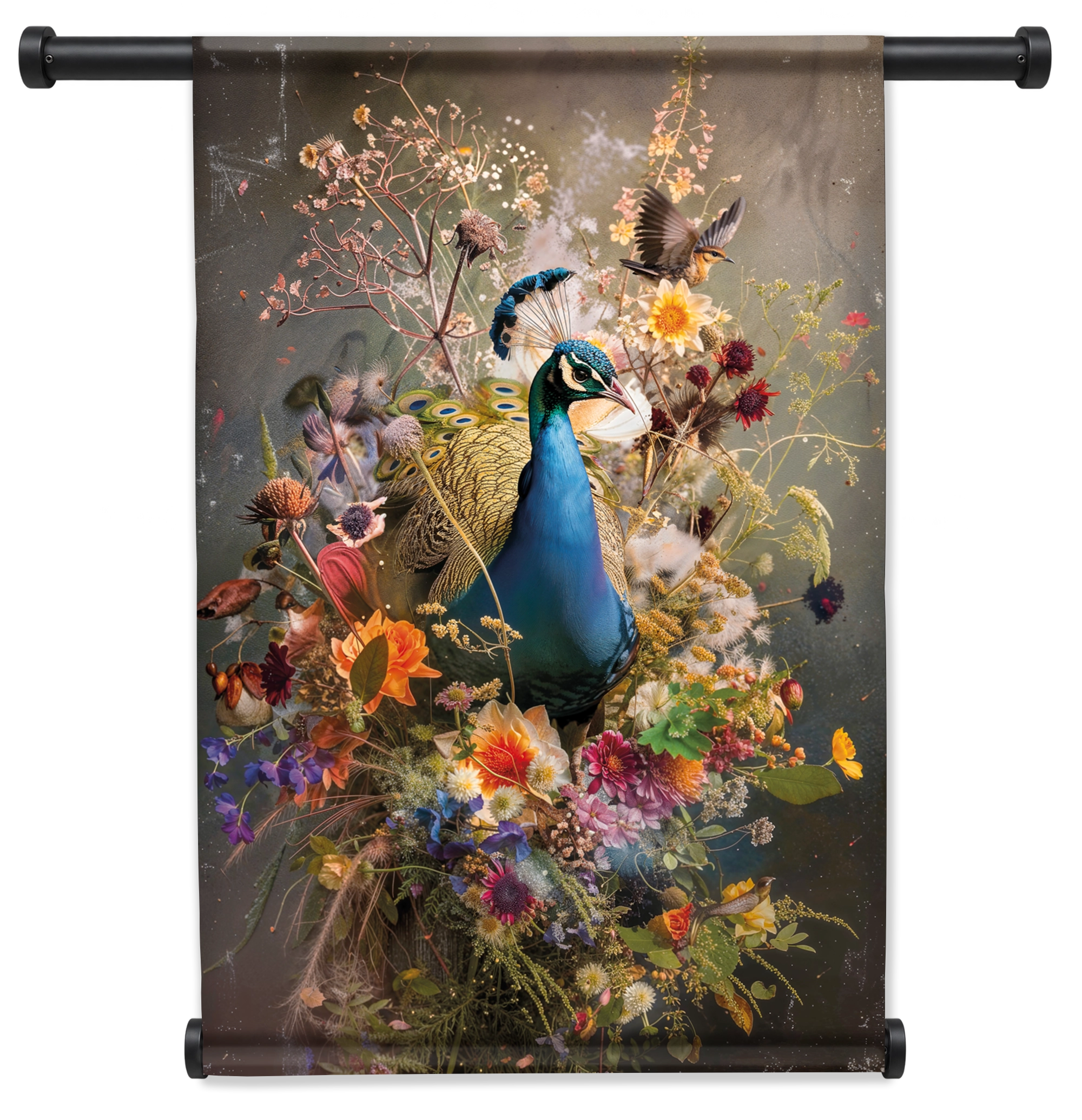 Bloemen Pauw wandkleed staand met zwarte roedes