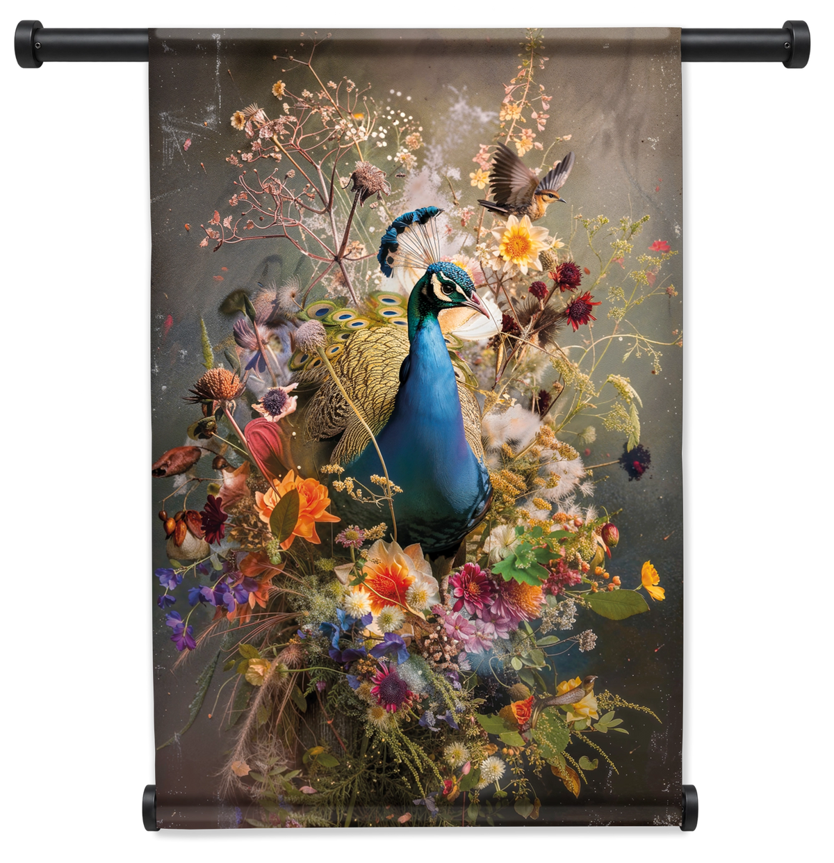 Bloemen Pauw wandkleed staand met zwarte roedes