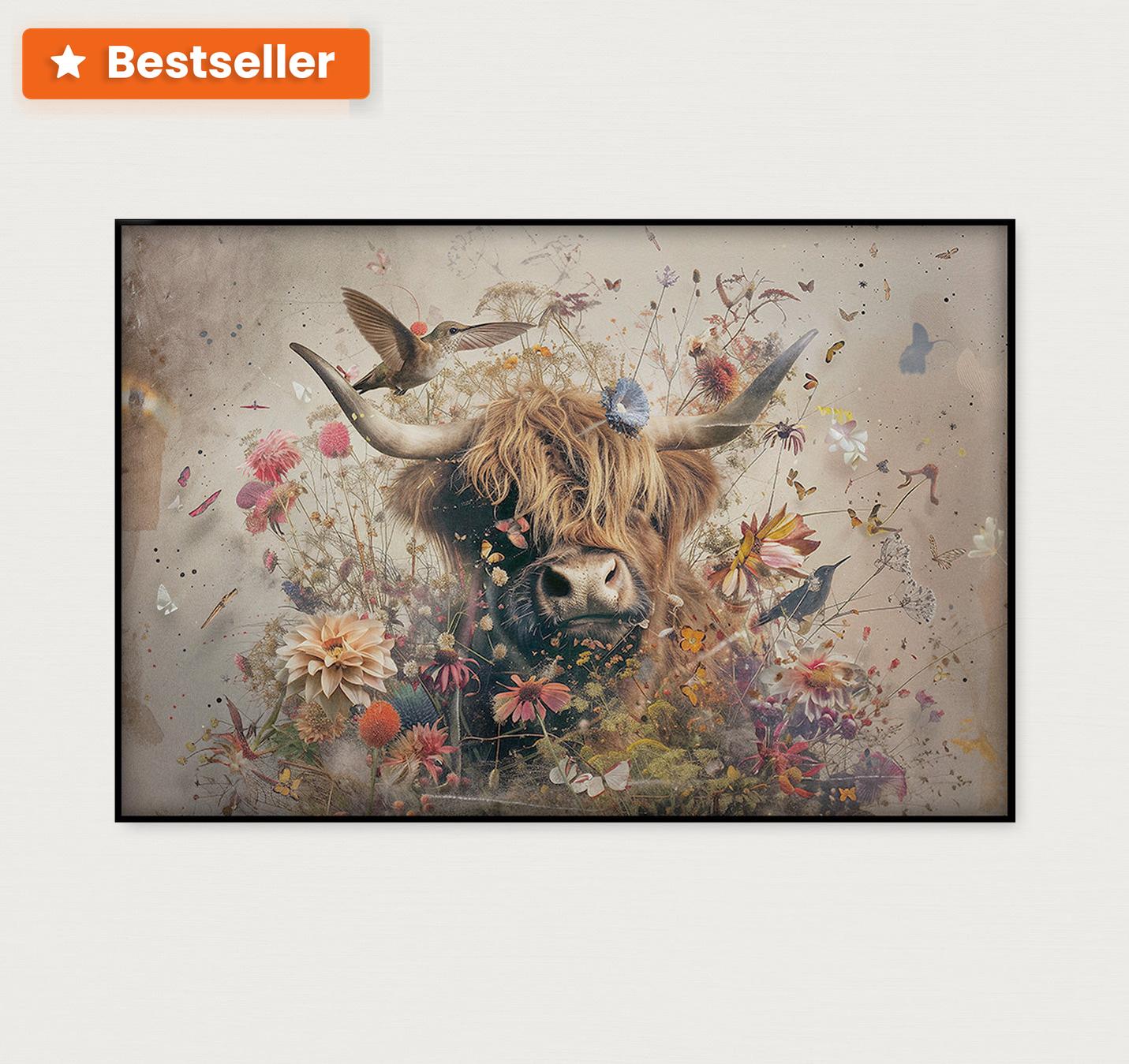 Bloemen Schotse hooglander 2 · Akoestisch paneel-Poster liggend-House of Posters-House of Posters