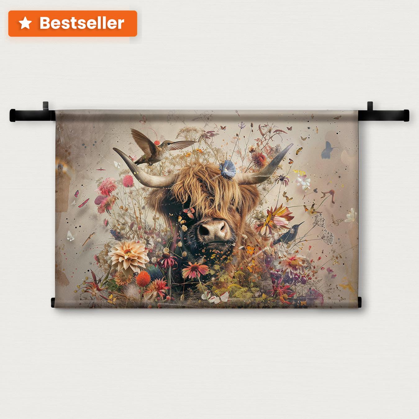 Bloemen Schotse hooglander 2 · Wandkleed-Wandkleed-House of Posters-House of Posters