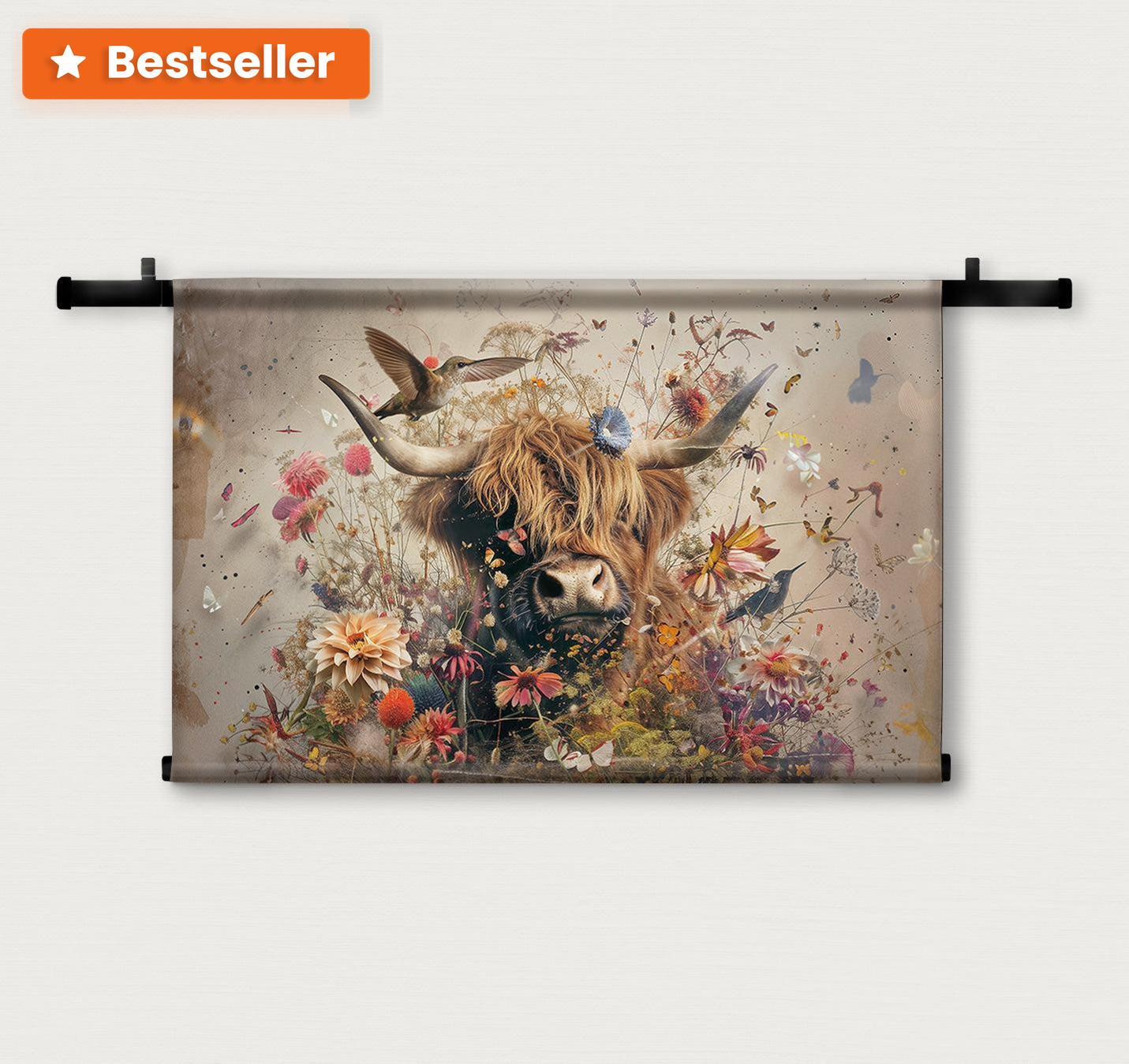 Bloemen Schotse hooglander 2 | Wandkleed | Mezo | 100x150 cm | Tweedekans-Wandkleed-House of Posters-House of Posters