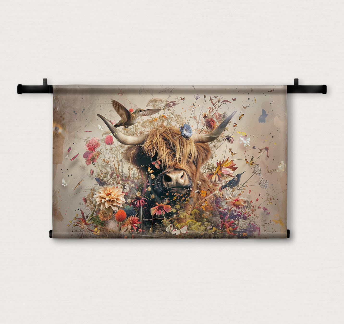 Bloemen Schotse hooglander 2 | Wandkleed | Mezo | 100x150 cm | Tweedekans-Wandkleed-House of Posters-House of Posters